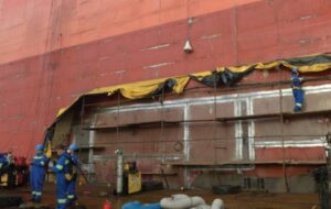 Structural repairs on a large container vessel